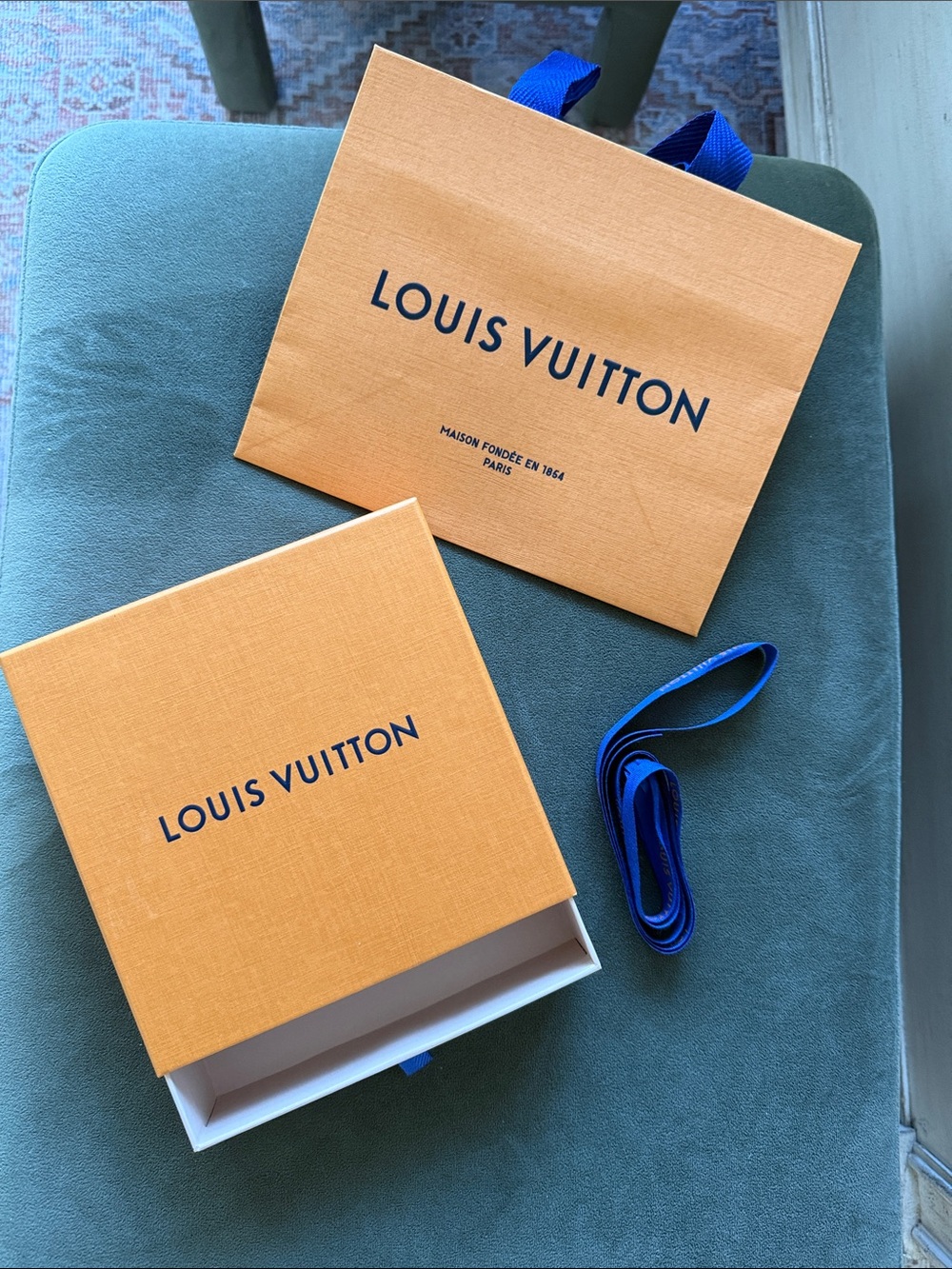 Louis Vuitton Orange Box and Bag with Blue Ribbon Accents